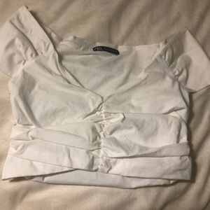 White ruffled linen going out Zara top